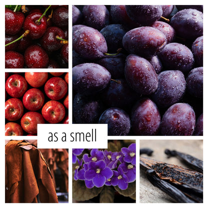 scent profile mood board with juicy cherries and plums, apples, leather, violet, and vanilla beans