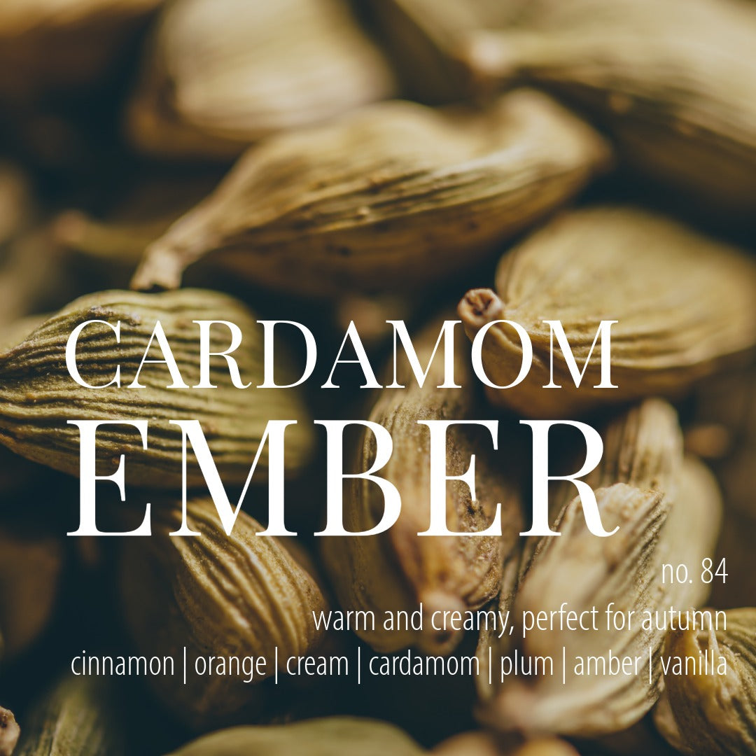 A close-up of cardamom pods with large white text reading &