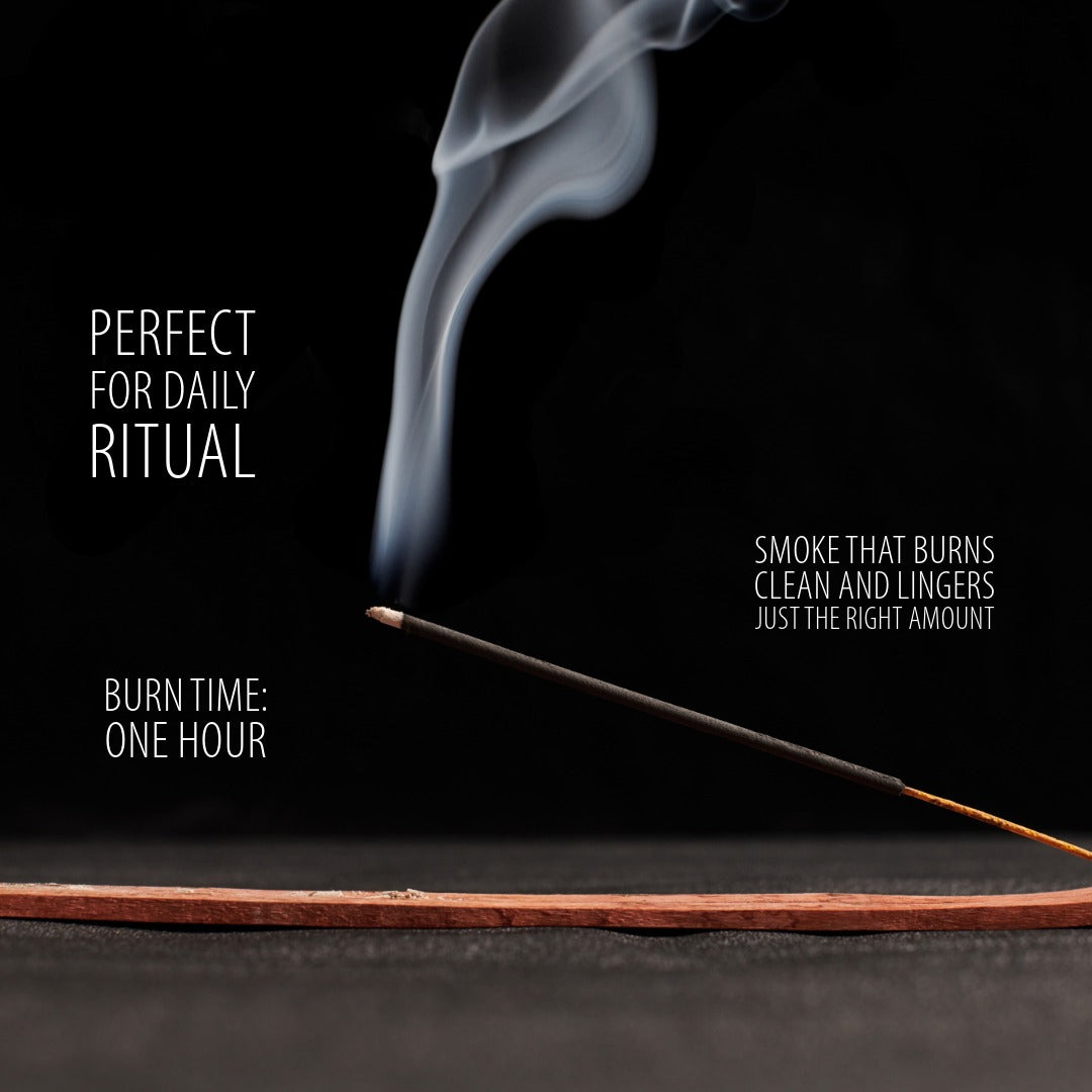 A single incense stick burns with a long curling plume of white smoke against a black background. White text on the left reads &